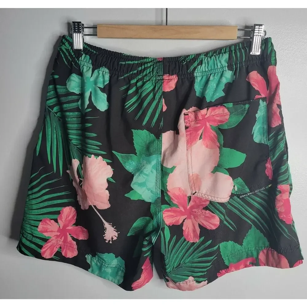 Osklen Surfing Mens Board Shorts Floral Swim Trunks 30 Tropical Pink Black Beach